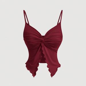 TEMU 여성용 우아한 딥 버건디 홀터넥 민소매 탑 - 비대칭 스파게티 스트랩 블라우스, 크로스백 디자인, 주름 방지 & 세탁기 사용 가능, 솔리드 컬러 파티 & 데일리 블라우스, 봄/여름/가을용, 딥 레드에서 버건디 톤, 시크하고 세련된 여성 패션 탑, 셔링 디테일, 중간 수준의 신축성 있는 원단, 다용도 단색 디자인