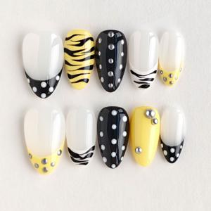 TEMU Toitoi Nail|핸드메이드 누ob 네일 10개입 - 숏 아몬드형, 얼룩말 프린트, 폴카 도트 & 은색 리벳이 있는 블랙 옐로우 화이트, 스위트 펑크 레트로 네일을 위한 유광 마감 | 파티, 데일리웨어 & 2025 가을 겨울용으로 완벽