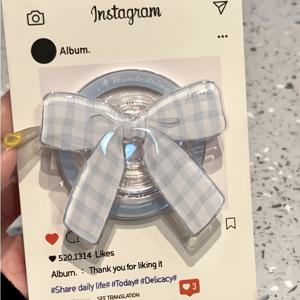 TEMU 휴대폰용 체크무늬 블루 리본 마그네틱 스탠드, 강력 접착력 탁상용 레이지 스탠드