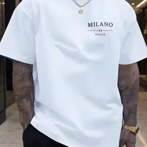 TEMU 남성용 MILANO ITALIA 은은한 가슴 로고 티셔츠 - 이탈리안 브랜딩 반팔 티, 루즈핏 라운드넥, 헬스장, 훈련, 캐주얼웨어에 적합, 야외 활동 및 데일리 외출용 세탁기 사용 가능