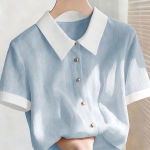 TEMU 여성 캐주얼 우아한 여름 쉬폰 대비 반팔 블라우스, 아름다운 여성 셔츠, 신상 여성 여름 의류 탑