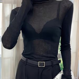 TEMU 하이넥 여성용 베이스 레이어, 시스루 메쉬 얇은 긴팔 티셔츠