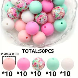 TEMU 12mm/15mm 혼합 단색 및 프린트 실리콘 원형 구슬 50개, 루즈 비즈, 병에 담긴 포컬 비즈, DIY 핸드메이드 목걸이용, 플라스틱 펜 비즈, 열쇠고리, 자동차 액세서리 체인, 가방 체인, 휴대폰 체인, 팔찌, 주얼리 제작 용품
