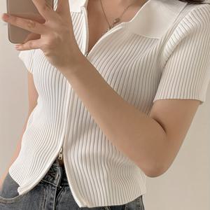 TEMU 폴로 칼라 반팔 더블 지퍼 가디건 여성 여름 신상 슬림핏 반팔 티셔츠 탑