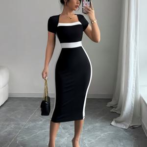 TEMU 여성용 우아한 컬러블록 스퀘어넥 바디콘 미니 드레스 - 블랙 & 화이트 대비 반팔 여름 드레스, 중간 신축성, 기계 세탁 가능, 캐주얼 및 정장용, 슬림핏, 스트레치 원단
