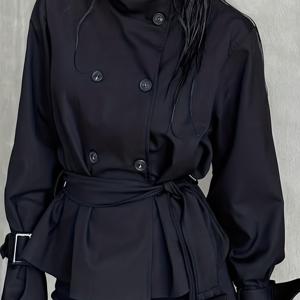 TEMU 캐주얼하고 심플한 하이넥 버튼 타이 스트랩 트렌치 코트, 데일리웨어용 활용도 높은 스트리트웨어, 겨울, 봄/여름 타겟 할인