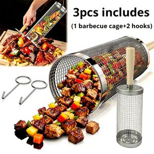 TEMU 3개 세트 (BBQ 케이지 1개 + 후크 2개 포함), 손잡이 포함, 스테인리스 스틸 휴대용 BBQ 쿠킹 그릴, BBQ 도구 세트, 스테인리스 스틸 BBQ 바스켓, 야외 BBQ 바스켓, 야외 캠핑 그릴, 캠핑 피크닉 조리 기구, 다기능 캠핑 BBQ 추가 장비