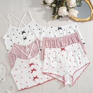 TEMU 보우노트 장식 하트 프린트 캐미 반바지 잠옷 세트 3pcs