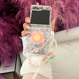 TEMU 휴대폰 케이스 - 3D 플라워 샌드 플로우 투명 폰 케이스, 비즈 체인 포함, 삼성 Z Flip 7 FE/Z Flip 7/Z Flip 6/Z Flip 5/Z Flip 4/Z Flip 3/W24 Flip 폴더블 폰 케이스 호환