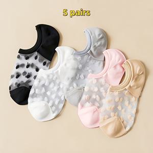TEMU 봄 여름용 초박형 슈퍼 통기성 여성용 インビ저블 폴카 도트 노쇼 양말 5켤레, 미끄럼 방지, 흘러내림 방지, 내구성 있고 예쁜 양말, 일상복에 적합