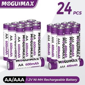 TEMU MOGUIMAX 24개 니켈-메탈-수소 충전식 AA 1.2V 600mAh / AAA 1.2V 400mAh 충전 배터리 세트, 오래 지속되는 전력 제공, 리모컨, 알람 시계, 손전등 등에 적합. [충전식 배터리]