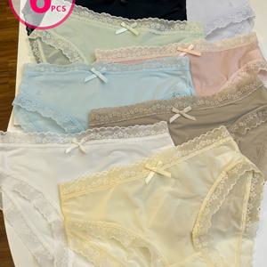TEMU 6팩 랜덤 컬러 여성용 아이스 파이버 팬티, 레이스 트림 디자인, 우아한 여름용 초슬림 시스루 브리프, 시원하고 통기성 좋은 빠른 건조 속옷, 봄/여름 및 사계절용 팬티, 다양한 마카롱 솔리드 컬러, 스포츠 및 데일리 웨어 팬티