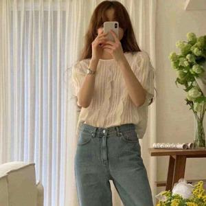 TEMU 여름 여성용 코리아 동대문 루즈 슬림 디자인 플리츠 셔츠 반팔 탑