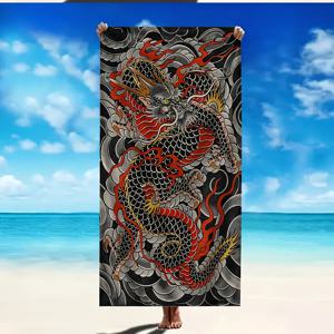 TEMU 세련된 중국 용 무늬 비치 타월 | 부드러운 극세사, 수영, 캠핑, 목욕 및 해변에 적합, 세탁기 사용 가능