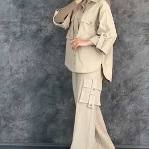 TEMU 캐주얼 루즈핏 대형 포켓 와이드 레그 상하의 카고 세트