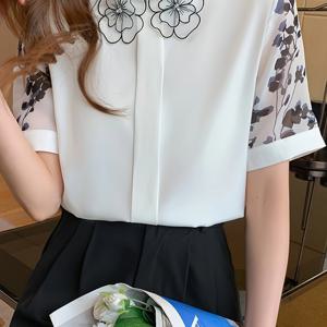 TEMU 시스펙션의 우아함, 꽃무늬 시폰 블라우스와 꽃잎 칼라 - 반팔, 통기성 폴리에스테르, 세탁기 사용 가능 - 봄 & 여름에 완벽함