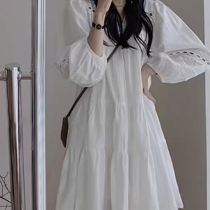 TEMU 프렌치 스타일 새로운 镂空 스플라이싱 긴팔 원피스 여름 루즈핏 A라인 스커트