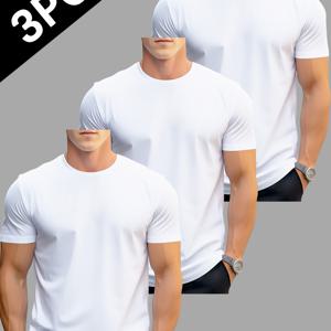 TEMU 남성용 화이트 티셔츠 3팩 - 빠른 건조, 통기성, 땀 흡수 기능 | 헬스, 러닝, 피트니스용 편안한 폴리에스터 크루넥 티