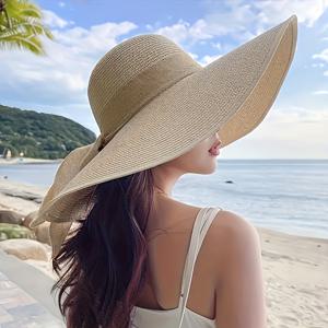 TEMU 1개 여성용 특대형 넓은 챙 스트로우 모자, 밝은 갈색 리본 장식, 가볍고 통기성 좋음. 휴대 및 보관이 용이한 접이식 디자인. 해변 휴가 여행, 어버이날 또는 여름 패션 선물로 적합. 썬햇, 비치햇