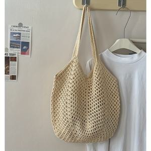 TEMU 여성용 캐주얼 대용량 직조 가방 - 오픈탑 비치 토트백, 조절 가능한 스트랩, 연갈색/흰색/노란색, 휴가, 쇼핑 및 일상 사용을 위한 통기성 원단, 비치백
