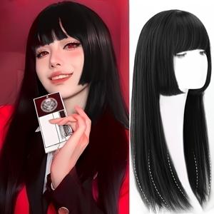 TEMU 우아한 블랙 가발 앞머리 - 여성용 컷 애니메이션 웨이브 텍스처, 조절 가능한 캡 네트, 캐주얼 착용 자연스러운 룩, 코스프레 & 의상 파티용, 슬림 헤어스타일, 편안한 착용감, 축제 모임용