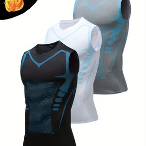 TEMU 3pcs 남성용 피트니스 수트, 블랙, 화이트, 그레이, 조끼 퀵 드라이 의류, 타이트핏 러닝 스포츠 흡습 티셔츠, 농구 훈련 상의, 퀵 드라이 민소매 피트니스 탑 - 통기성 좋고 밀착감, 땀 방지