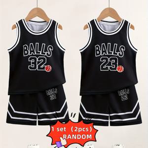 TEMU 랜덤 1세트 (조끼 1개 + 반바지 1개 2종 세트 포함): BALLS 레터 프린트 스포츠 저지 조끼와 반바지 세트. 농구 BALLS 레터 프린트 패셔너블한 남아용 스포츠웨어, 야외 활동에 적합