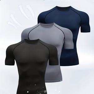 TEMU 남성용 스트레치 스포츠 압박 티셔츠 3pcs - 통기성, 빠른 건조, 반팔, 레드 블랙 트림, 크루넥, 헬스장 및 야외 활동에 적합, 헬스웨어