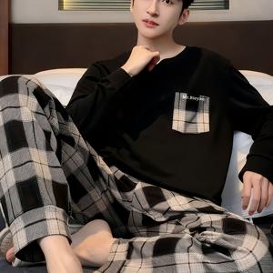 TEMU 남성 & 청소년용 체크무늬 파자마 2pcs - 긴팔 파자마 세트와 매칭 팬츠, 봄/가을 수면복용 오버사이즈 루즈핏, 세탁기 사용 가능한 나이트가운 (2pcs 매칭 세트) - 편안한 홈웨어 & 청소년용