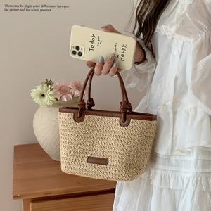 TEMU 여성용 직조 스트로 크로스백, 라이트 브라운 직조 + PU 패치워크, 심플 버킷백 스타일, 핸드헬드 및 크로스백 겸용, 패셔너블 데일리 소형 여성용 가방