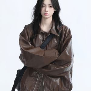 TEMU 2025년 신상 마일라드 브라운 여성용 PU 자켓, 가을 아메리칸 빈티지 루즈핏 자켓, 트렌디한 캐주얼 자켓, 여성용 심플 아우터웨어