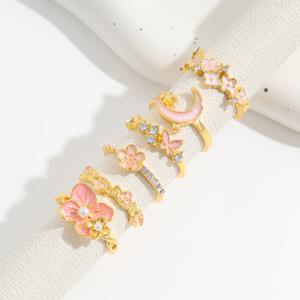 TEMU 6개 세트 합금 오일 페인팅 라인스톤 인레이드 스택 가능한 반지 세트, 패션 다용도 핑크 드립 문 플라워 나비 섹시 우아한 선물 반지 세트