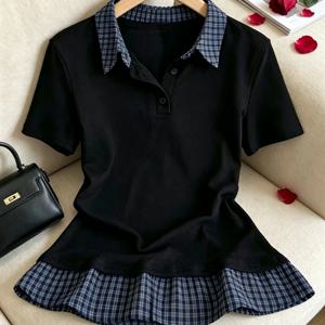 TEMU 여성용 반팔 셔츠, 여름 한국 스타일 체크무늬 패치워크, 달콤하고 시원한 2-in-1 룩, 허리 슬림핏, 나이 감红色, 일상 출퇴근용 활용도 높은 피티 티셔츠, 트렌디한 아카데믹 스타일 체크무늬 상의