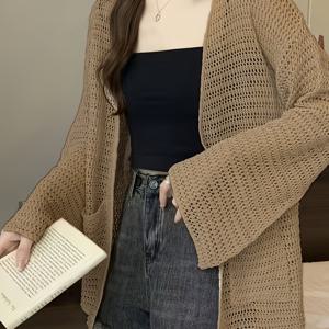 TEMU 여성용 봄/여름 우아하고 섹시한 카키색 오픈 프론트 긴소매 포켓 가방망사 가디건, 휴가용 가디건, 상의, 여성용 가디건, 휴가, 해변, 나이트클럽, 결혼식, 공휴일, 부활절, 음악 축제, 노동절, 어머니의 날, 졸업 시즌, 성 패트릭의 날, 밸런타인데이, 선물용으로 적합