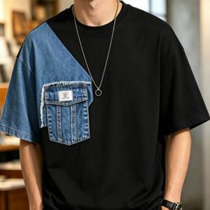 TEMU 남성용 데님 패치워크 프린트 티셔츠 - 루즈핏 크루넥 반팔 상의, 데님 패치워크 디자인, 스트리트웨어 패션, 캐주얼 데일리웨어 & 생일 선물용, 기계 세탁 가능 의류 (텍스처가 없는 데님 패널 없음)