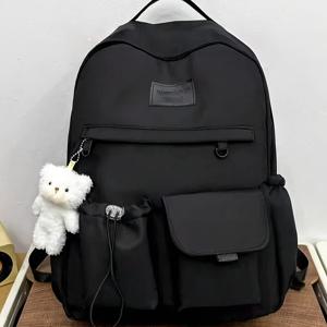 TEMU 곰 펜던트 장식 대용량 캐주얼하고 스타일리시한 블랙 백팩 1개, 일상용, 학교용, 나들이용으로 적합. 십대, 여대생, 중고등학생을 위한 대용량 학교 백팩. 신학기, 대용량, 휴대용, 노트북 수납공간 포함. 십대, 여대생, 남성에게 적합. 대학, 초등학교, 중학교, 고등학교, 직장, 비즈니스, 통근, 야외, 여행, 나들이용