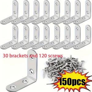 TEMU 150개 세트: 90도 엘자형 브라켓 30개 + 나사 120개, 직각 브라켓, 1.57x1.57인치, 90도 직각, 나사 포함, 나무 선반, 의자, 테이블, 서랍장, 가구 조립용