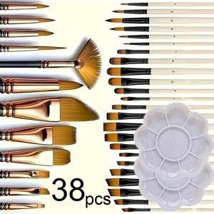 TEMU 38개 미술 브러쉬 세트, 다양한 종류의 페인트 브러쉬, 팔레트 포함, 유화, 수채화, 낙서, 미술 창작용, 예술가 및 초보자용