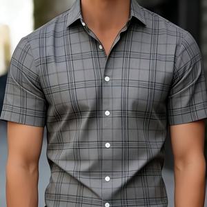 TEMU 남성용 멀티컬러 체크 셔츠, 그레이/스틸 그레이, 블루/베리 컬러, 안개 그린 슬림핏 반팔 레트로 체크 셔츠