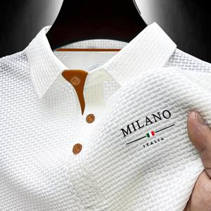 TEMU Y314 MILANO 프린트 여름 남성용 라펠 반팔 폴로 셔츠, 비즈니스 캐주얼 올드 머니 스타일 상의, 패셔너블한 여름 티셔츠, 새로운 질감의 편안하고 통기성 좋은 폴로 셔츠, 골프 폴로 셔츠