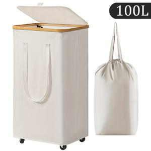 TEMU 1개 60L/100L 바퀴와 뚜껑이 있는 세탁 바구니, 대나무 링 포함 - 무료 라이너 세탁 가방, 손잡이가 있는 접이식 더러운 옷 바구니, 초대용량 더러운 옷 함퍼, 접이식 패브릭 더러운 옷 바구니, 세탁함