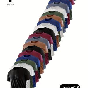 TEMU 19피스 세트 (블랙, 화이트, 히든, 레드, 블랙, 카드, 회색, 혼합 색상), 초경량 남성용 라운드넥 티셔츠 - 속건성, 통기성, 땀 흡수, 피트니스, 헬스, 러닝에 적합, 가볍고 편안함, 땀 방지