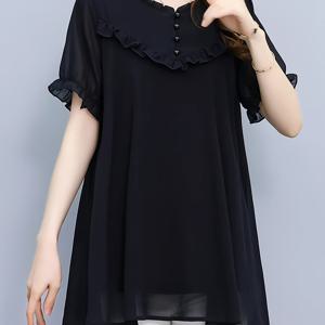 TEMU 블랙 러플 쉬폰 반팔 탑, 루즈핏 & 메이트 블로킹 미드 레인지 감성 셔츠, 데일리 출퇴근 및 레저 멀티 시나리오 여성 의류, 여성 러플 탑
