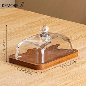 TEMU KEMORELA 빈티지 /대나무 버터 디쉬 (유리 뚜껑 포함) - 웨딩 케이크, 간식, 과일에 완벽한 주방 및 다이닝 액세서리