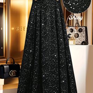 TEMU 여성용 우아한 별이 빛나는 밤 맥시 스커트 - 팬 트레인 디자인, 웨딩, 프롬, 파티용 별하늘 풀 스커트 - 세탁기 사용 가능 겨울 가운 (비침 없음) - 가을/겨울 정장 드레스