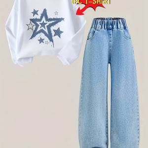 TEMU [1개] 여아용 긴팔 티셔츠, 가을 패션 트렌디한 별 패턴 프린트 캐주얼 편안한 중대형 사이즈 겉옷 베이스 레이어 긴팔 티셔츠