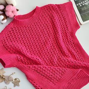 TEMU 로즈 레드 오픈워크 반팔 여성 상의, 세미 하이넥 텍스처드 커버업, 스위트 스파이시 퓨어 디자이어 스타일 레이어링 속옷 ZLLZ