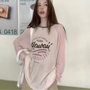 TEMU 여성 나그랑 긴팔 티셔츠 레터링 배색 루즈핏 래글런 힙덮는 롱티셔츠 체형커버 오버핏 얇은 여름 아메리칸 빈티지 스트릿 캐주얼 꾸안꾸