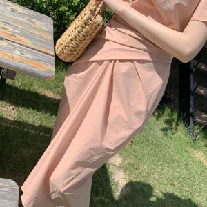 TEMU 봄 여름 신상 한국식 웨이스트 드레스 기품 있는 나이 감추는 스트랩 주름 라운드넥 반팔 출퇴근용 스커트
