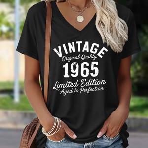 TEMU 빈티지 스타일 1965 오리지널 퀄리티 에디션 나이 개선 프린트 봄 여름 100% 트렌디 패션 여성용 V넥 반팔 티셔츠, 원피스 우아한 파티 V넥 반팔 티셔츠, Qq, 93019